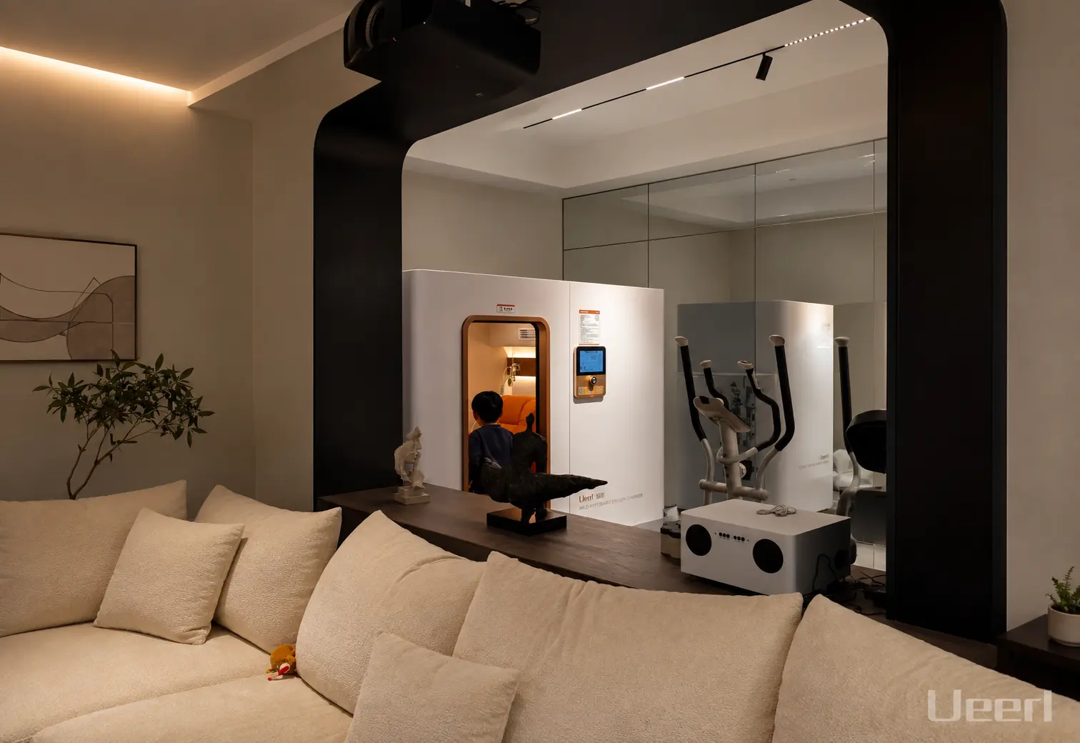 Ueerl home hyperbaric chamber positioned beside a residential fitness area