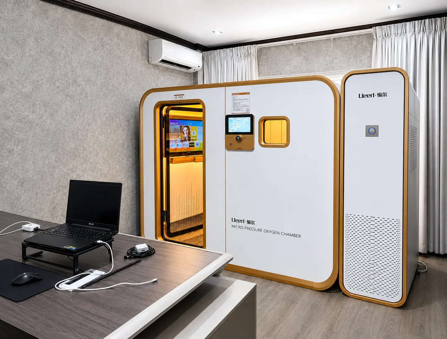 Ueerl hyperbaric oxygen chamber installed in an executive office
