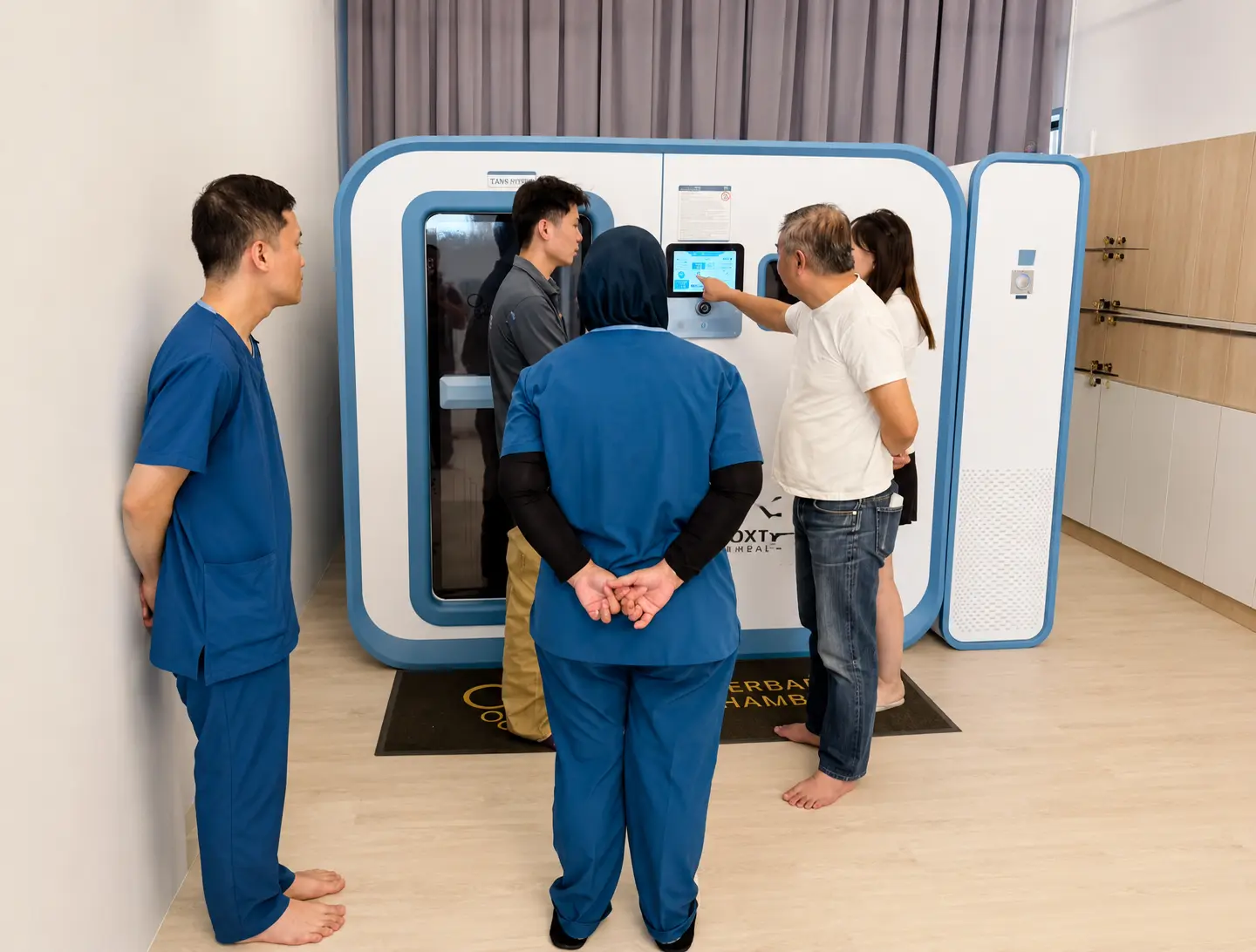 Ueerl hyperbaric oxygen chamber installed in a clinic with staff demonstrating chamber controls