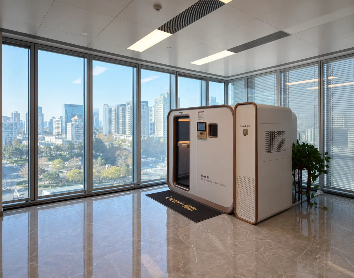 Executive relaxing in a Ueerl hyperbaric oxygen chamber at a modern workplace