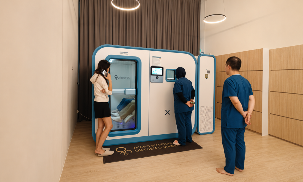 Staff supervising a Ueerl room-style chamber in a managed wellness setting