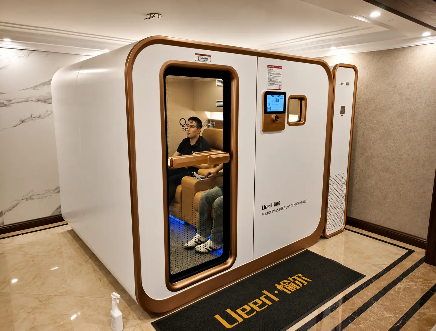 Ueerl premium room-style hyperbaric oxygen chamber installed in a luxury hotel wellness area