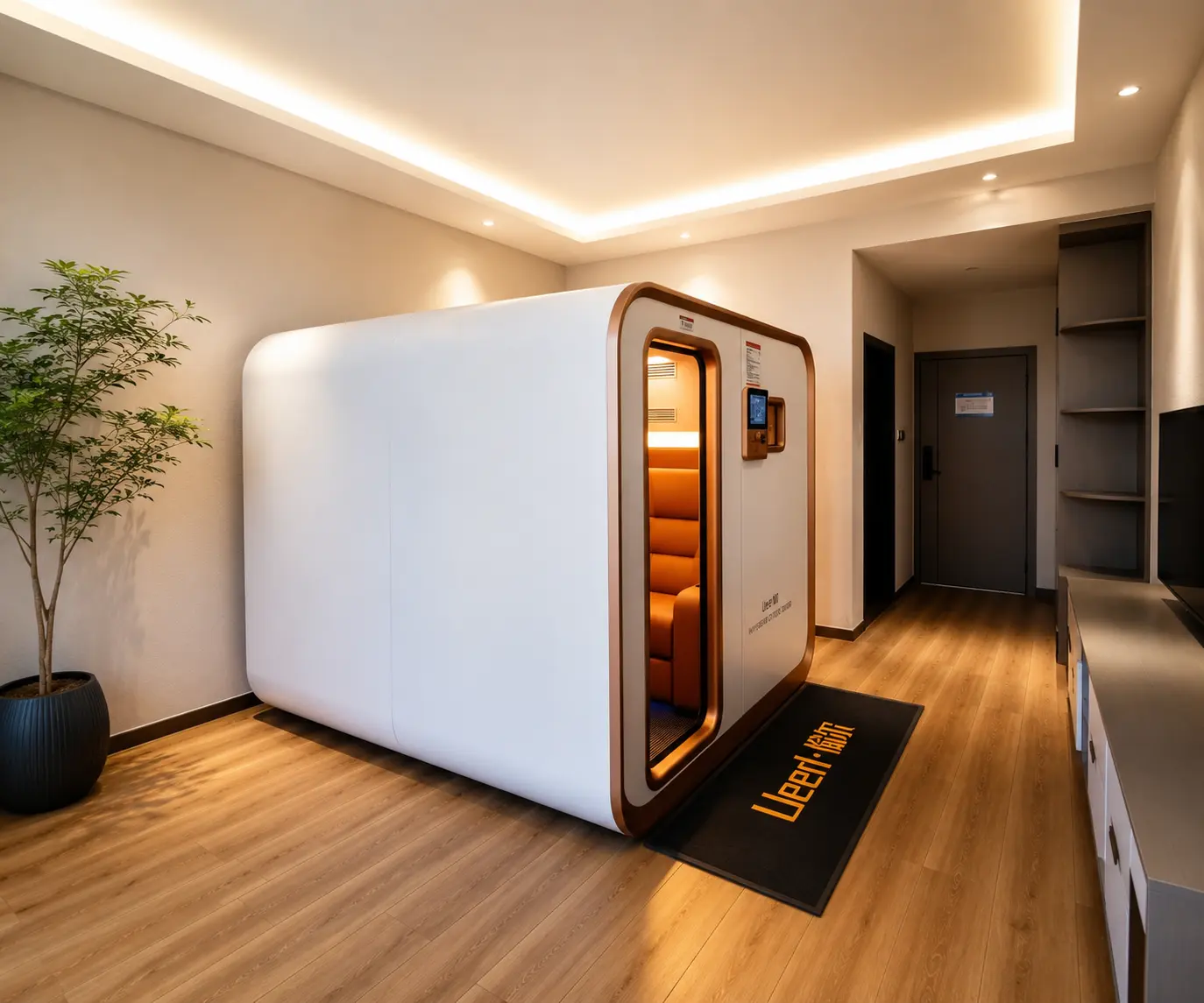 Ueerl room-style hyperbaric oxygen chamber installed in a modern private home wellness room