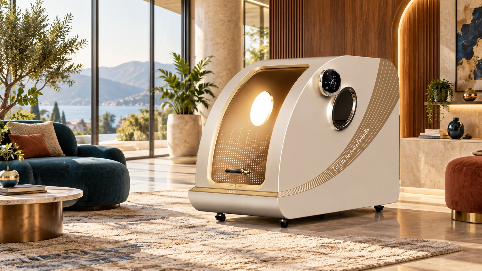 Ueerl C2 hard-shell hyperbaric oxygen chamber in a premium home wellness space