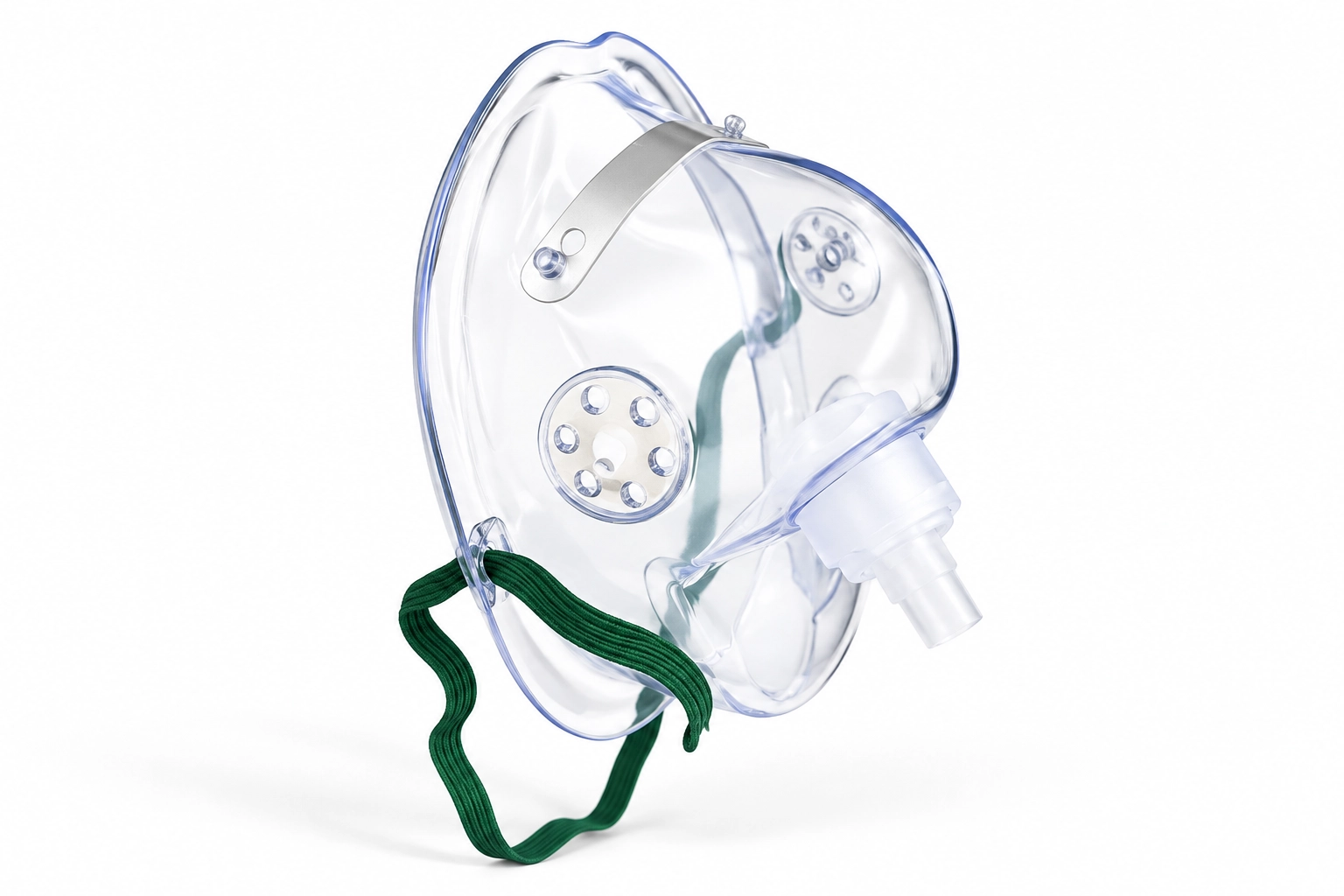 Transparent oxygen face mask with an adjustable strap and tubing connector