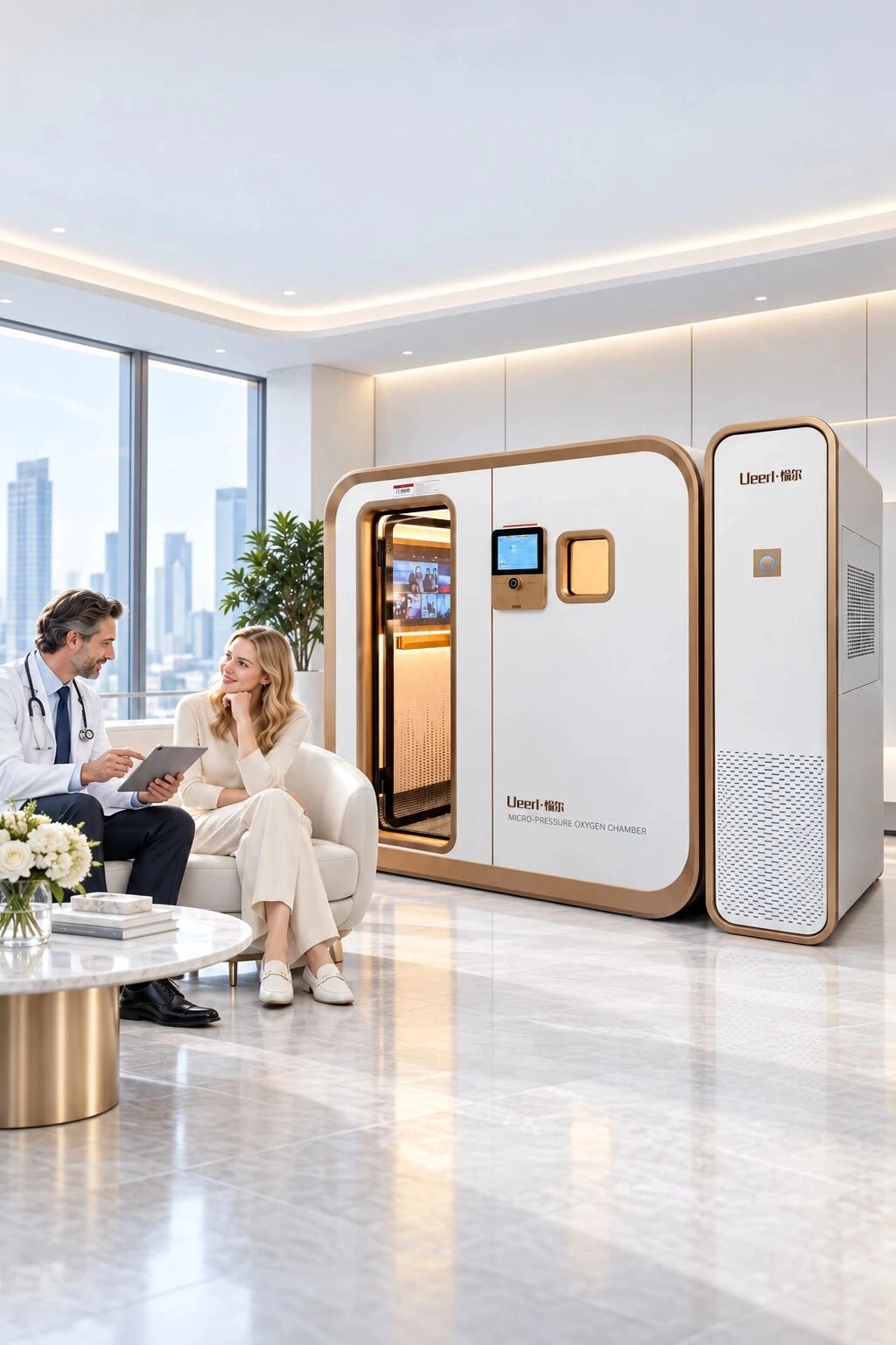 Illustrative healthcare consultation setting beside a Ueerl hyperbaric oxygen chamber