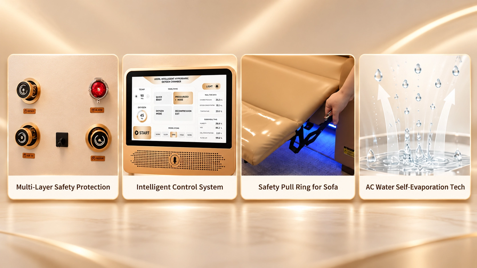 Ueerl room-style hyperbaric oxygen chamber safety and convenience systems