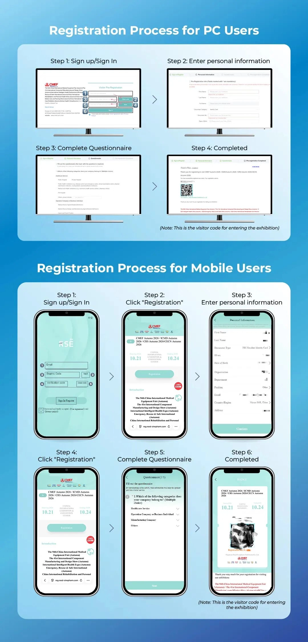 Visitor registration instructions for desktop and mobile users